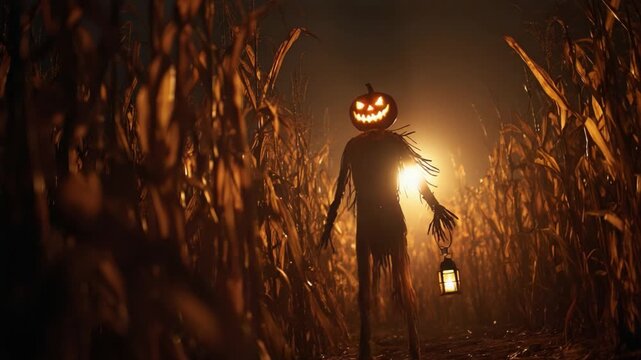 A haunting figure emerges from the misty cornfield at dusk, carrying a lantern and boasting a carved pumpkin head that flickers with an eerie smile, illuminating the surroundings.