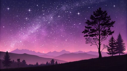 Dreamy Purple Night Sky with Stars and Mountain Silhouette