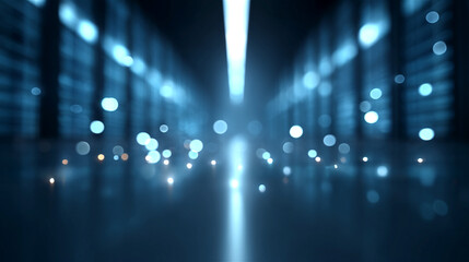 Server room background with illuminated blue light beams and abstract defocussed bokeh circles representing data flow, cloud computing, and cybersecurity infrastructure