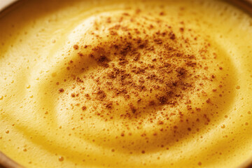 Golden turmeric latte with creamy foamy surface dusted with cinnamon powder, warm cozy cup evoking comfort, wellness and autumnal spice in a close-up studio top view