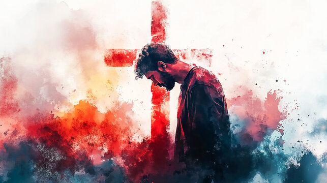 Digital watercolor painting of a Christian man praying before a cross