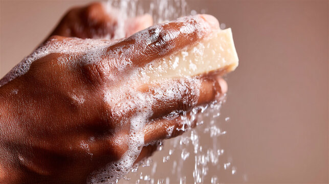 Dark-skinned hands lathering a bar of soap under running water, close-up emphasizing hygiene, clean skin care routine, foam and bubbles for prevention and wellbeing