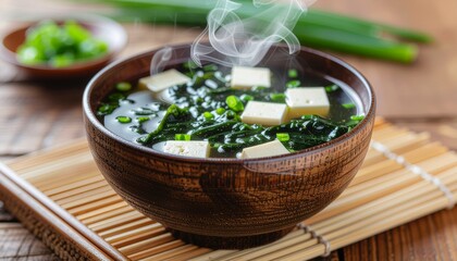 Miso Soup with Tofu, Seaweed, and Fresh Green Onions in a Wooden Bowl