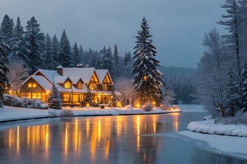Fototapeta premium Cozy Winter Cabin by Frozen Lake with Warm Lights and Snow Covered Forest at Twilight