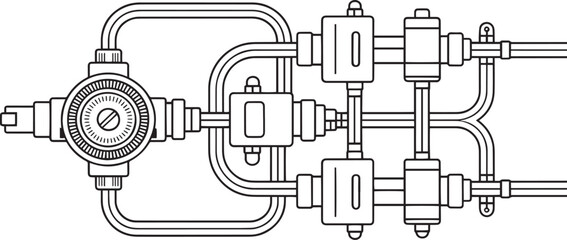 Mechanical Engineering Diagram of Industrial Hydraulic System — Technical Line Drawing Vector, hydraulic system, mechanical diagram, machine design