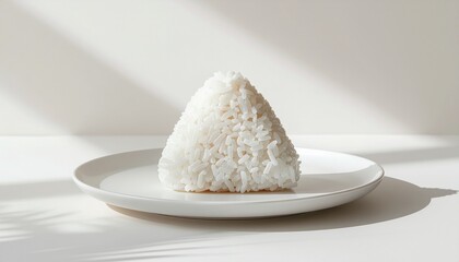 A minimalist still life featuring a perfectly shaped triangle of steamed white rice on a plate, symbolizing simplicity and basic nourishment