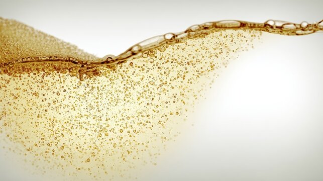 Microscopic extreme close-up of sparkling wine with golden liquid and fine rising bubbles, hyper-detailed macro view on pure white background, showing crystal-clear textures and effervescent motion
