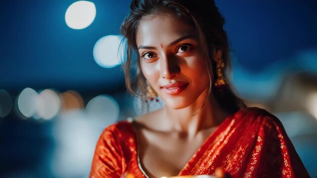 Woman in red sari with golden jewelry performing traditional ritual, symbolizing culture, heritage, and festivity