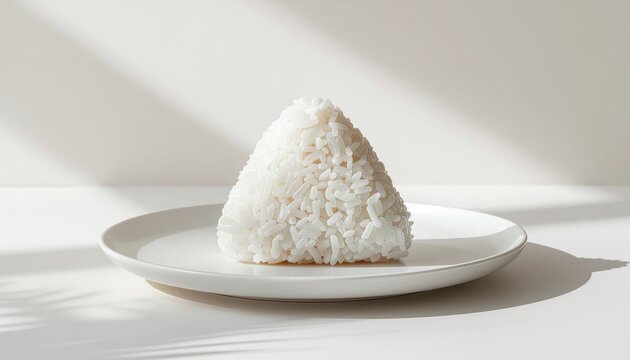 A minimalist still life featuring a perfectly shaped triangle of steamed white rice on a plate, symbolizing simplicity and basic nourishment