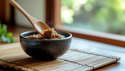 A spoonful of warm, steaming fermented soybean paste, a traditional Japanese seasoning known as miso, in a rustic bowl