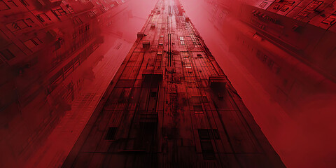 Towering dystopian cityscape bathed in ominous red light, evoking a sense of dread and isolation.