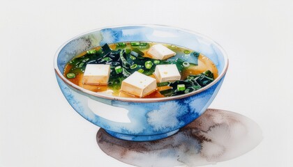 Watercolor illustration of a light blue bowl filled with steaming miso soup topped with tofu cubes and seaweed