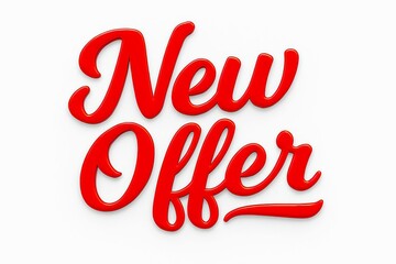 Bold red script lettering announcing new offer with a subtle shadow on a clean white background for promotional use