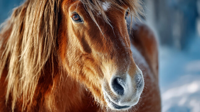 Close-up winter portrait of chestnut horse with frost crystals on muzzle in cold weather