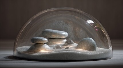 Futuristic zen garden with stones inside glass dome, minimalist serenity sculpture in soft ambient light.
