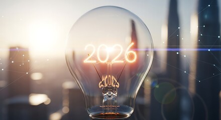 Lightbulb with 2020 inside and city skyline
