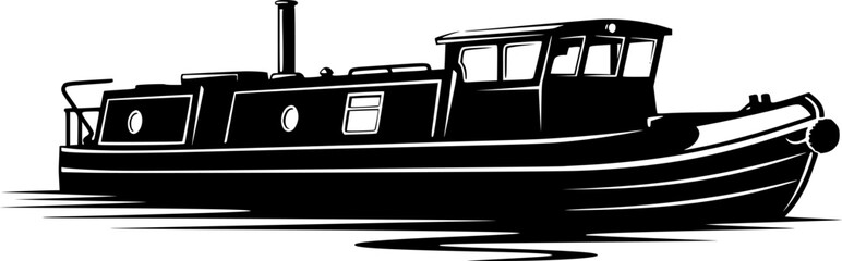 Canal Boat Silhouette – Black Vector Illustration, Narrowboat or Barge, River Transport, Vintage Watercraft, Outline Clipart, Nautical Theme, Editable Vector Design.
