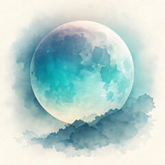 Abstract watercolor moon scene with soft hues and cloud elements illustration