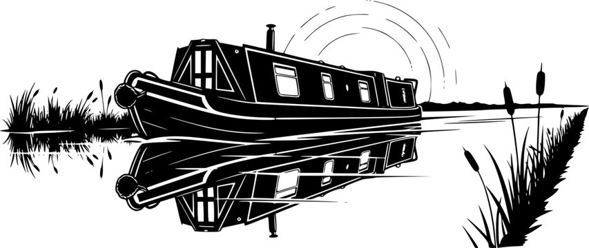 Canal Boat Silhouette &ndash; Black Vector Illustration, Narrowboat or Barge, River Transport, Vintage Watercraft, Outline Clipart, Nautical Theme, Editable Vector Design.