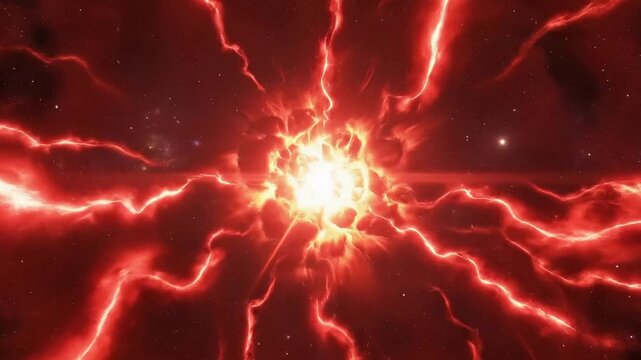 Fiery cosmic explosion radiating intense energy across a deep space nebula.