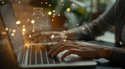 Digital communication concept showing hands typing on a laptop as floating email icons appear. Ideal for illustrating online messaging, inbox workflow, modern communication, productivity and business - Powered by Adobe