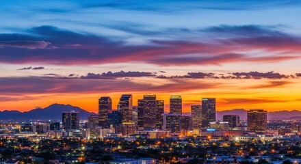 Panoramic view of Phoenix city skyline against a vibrant sunset sky filled with dynamic clouds