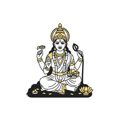 Goddess Lakshmi illustration with lotus and pot of gold, Goddess Lakshmi, Hindu deity. Goddess Lakshmi with four arms holding lotus flowers, blessing symbol, and coins for prosperity and wealth.