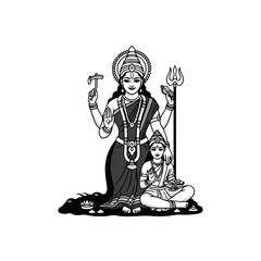 Hindu goddess drawing with divine woman offering spiritual blessings. Hindu goddess in black and white artwork showcases divine power and motherhood, emphasizing cultural heritage.