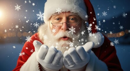 Santa Claus blowing snow to deliver holiday cheer and festive spirit to homes across the globe