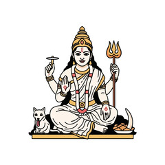 Seated Indian goddess illustration showing spirituality and devotion. Goddess with multiple arms, a symbol of power and blessings, is depicted sitting in lotus position and holding sacred objects.