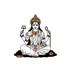 Hindu goddess illustration with trident and lotus, depicting Hindu goddess in minimalist style. Showing Hindu goddess for cultural or religious projects. Spiritual Hindu goddess drawing for designers.