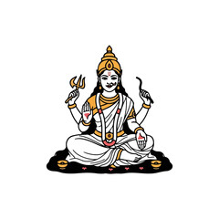 Depiction of hindu goddess Saraswati seated on lotus flower, iconic portrayal. Saraswati, goddess of knowledge, music, arts, wisdom, and learning, sitting in serene pose.