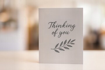 Condolence Card Displayed Upright on Table in Soft Indoor Setting Featuring Elegant Typography and Simple Leaf Design With Shallow Depth of Field