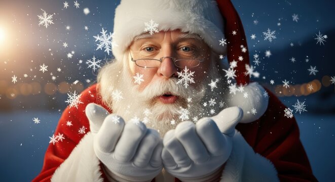 Santa Claus blowing snow to deliver holiday cheer and festive spirit to homes across the globe