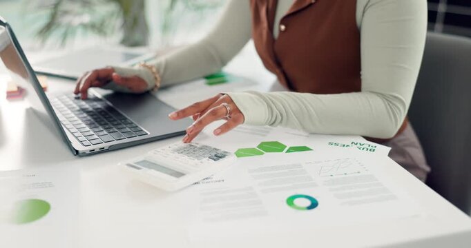 Online, data entry and hands with laptop, office and risk assessment with stats analysis or research. Typing, info and person with calculator for forecasting, graphs and accountant with paperwork