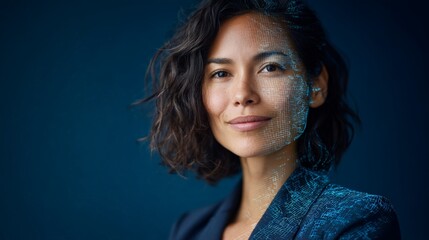 Digital grid overlaying businesswoman's profile, representing technological convergence, artificial intelligence merging with corporate strategy and workplace transformation