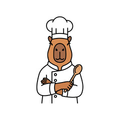 Cheerful capybara chef with crossed arms and a wooden spoon stands on clean backdrop, ready to cook. This capybara chef, depicted as cartoon character wearing toque and uniform coat,