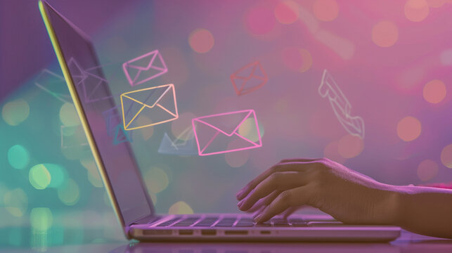 M&atilde;os no teclado com &iacute;cones coloridos de e-mail flutuando, ilustram comunica&ccedil;&atilde;o r&aacute;pida, navega&ccedil;&atilde;o digital, produtividade e mensagens corporativas em ambiente moderno