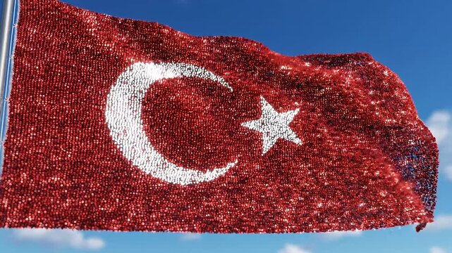 Vibrant Turkish flag composed of tiny particles waving proudly against a clear blue sky