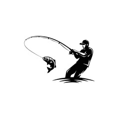 Silhouette of a fisherman reeling in a jumping fish with a bent fishing rod in a stylized design.