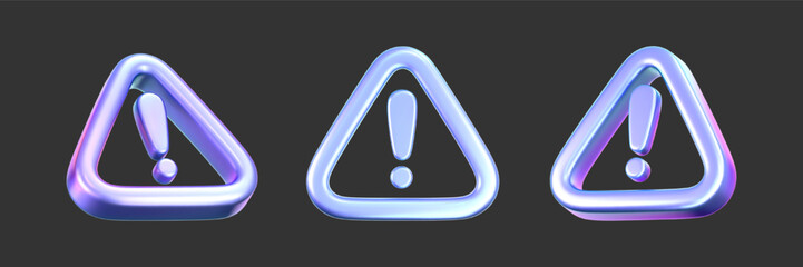3D holographic alert icon with exclamation mark. Render of triangle holo symbol of hacker attack, AI threat, data protection, spam, privacy, cybersecurity, scam, fraud and digital risk. 3D vector