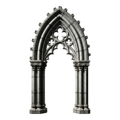 Obraz premium Intricate Gothic stone archway with detailed carvings, columns, and a quatrefoil design, isolated on a white background.