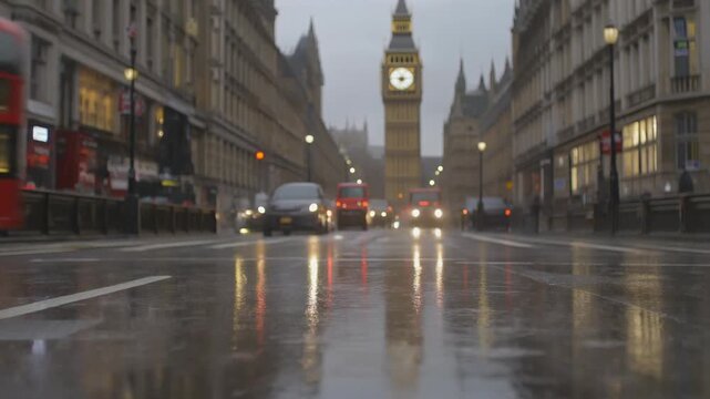 Rainy Day at Westminster with Big Ben in London, Reflections on Wet Street