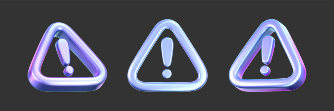 3D holographic alert icon with exclamation mark. Render of triangle holo symbol of hacker attack, AI threat, data protection, spam, privacy, cybersecurity, scam, fraud and digital risk. 3D vector