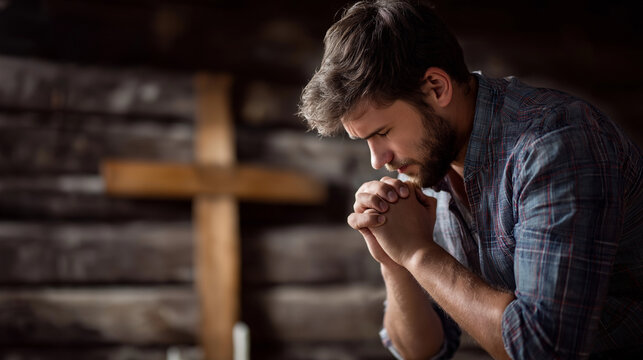Faceless Christian man kneeling reverently in prayer posture in front of wooden cross spiritual sincere devotion religious humble worship faith supplication and intercession