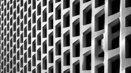 Dynamic monochrome facade with repetitive arched windows creating a striking architectural pattern.