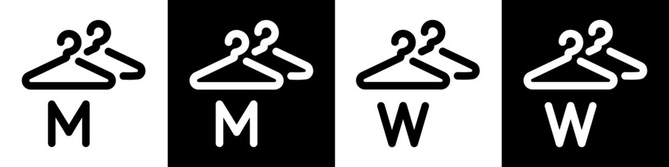 Wardrobe or cloakroom icon showing a simple hanger with male and female symbols. Outline vector illustration for changing room, dressing area, locker room and storage signage design.