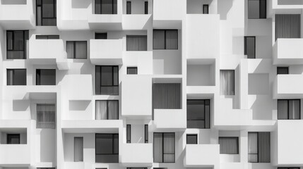 Fototapeta premium Abstract white building facade with a chaotic yet harmonious arrangement of windows.