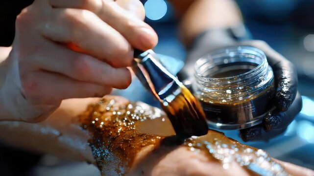 Beautician applying mineral mud with a brush, symbolizing spa therapy, skincare, and body rejuvenation treatments