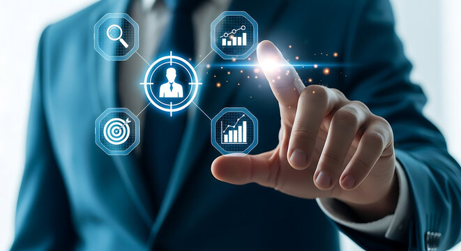 Businessman touching virtual screen with business target and data analysis